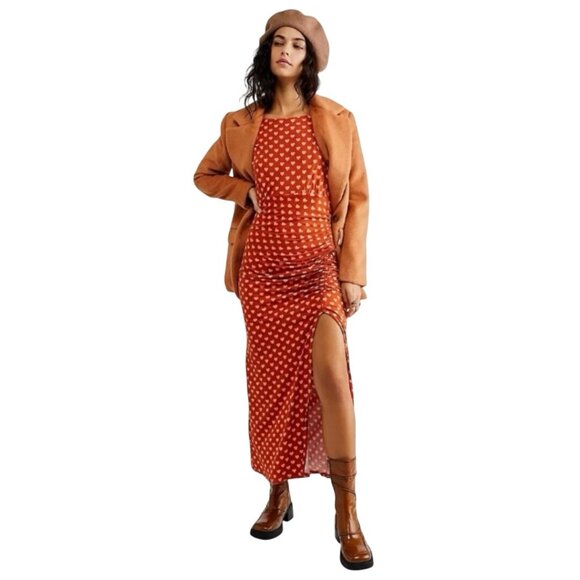 Free People NWT Lakeside Midi Dress Rust Hearts Ruched Side Open Back Size M - Picture 7 of 13